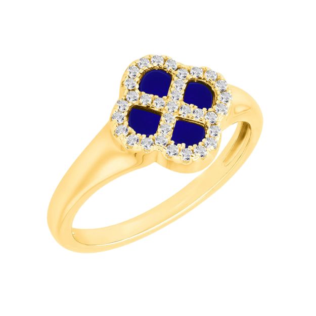 Sterling Silver Yellow Gold Plated Clover  Synthetic Blue Lazurite and White CZ Ring