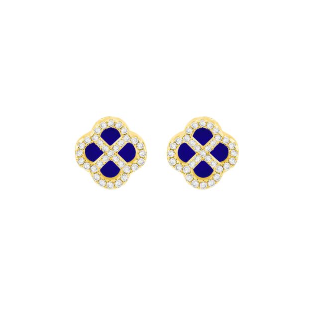 Sterling Silver Yellow Gold Plated Clover  Synthetic Blue Lazurite and White CZ Stud Earrings