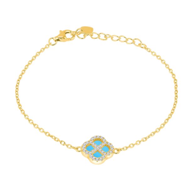 Sterling Silver Yellow Gold Plated Clover Synthetic Turquoise  and White CZ Adjustable Bracelet