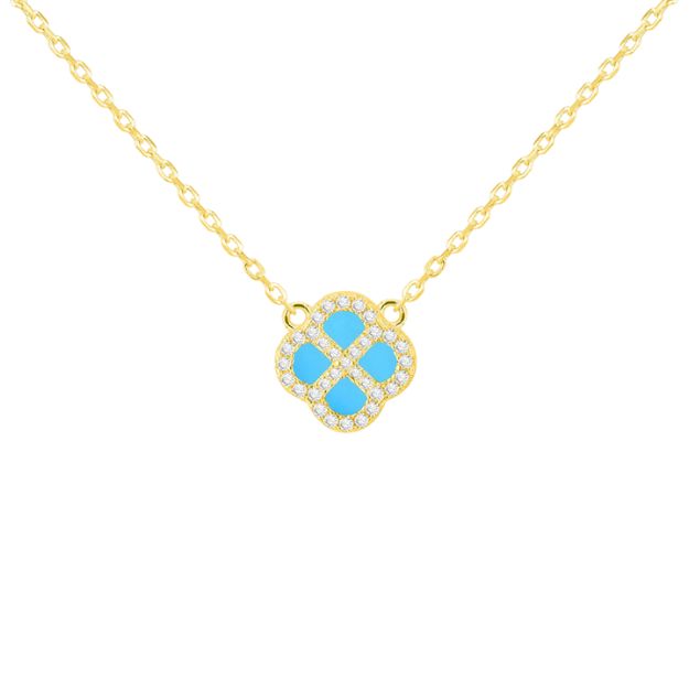 Sterling Silver Yellow Gold Plated Clover Synthetic Turquoise and White CZ Adjustable Necklace