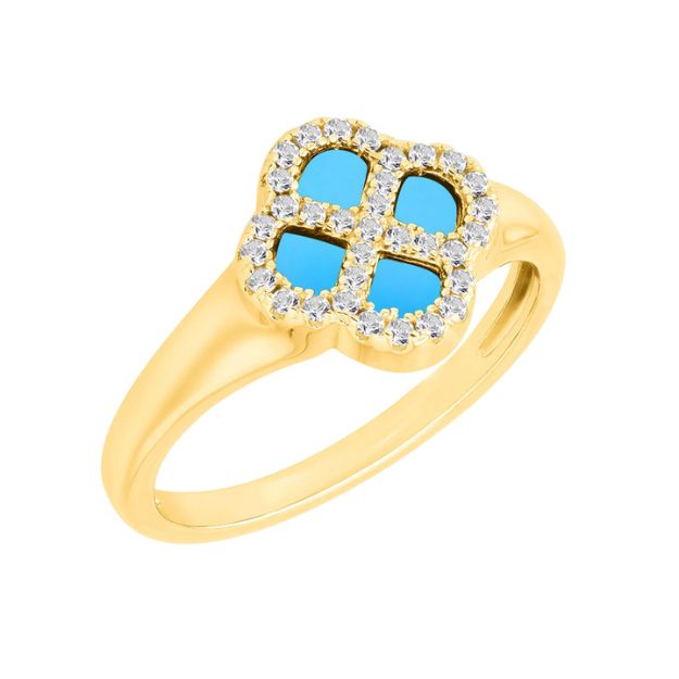 Sterling Silver Yellow Gold Plated Clover Synthetic Turquoise  and White CZ Ring