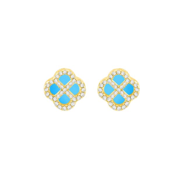 Sterling Silver Yellow Gold Plated Clover Synthetic Turquoise  and White CZ Stud Earrings