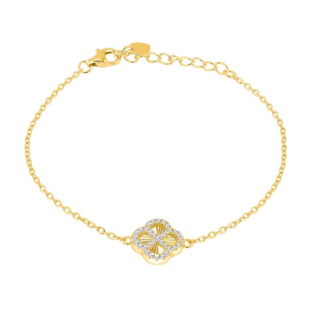 Sterling Silver Yellow Gold Plated Rainbow Clover and White CZ Adjustable Bracelet